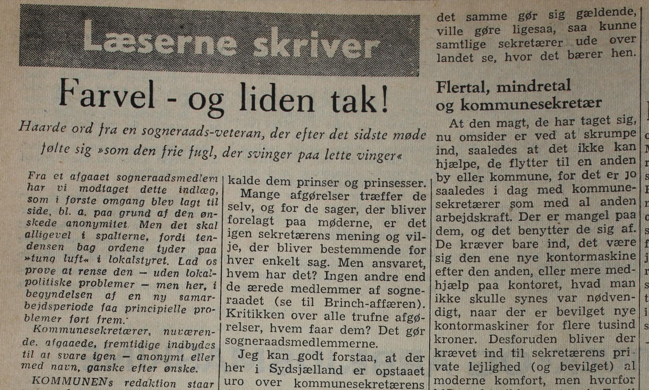 Læserbrevet blev bragt i Kommunen d. 31. maj 1960.