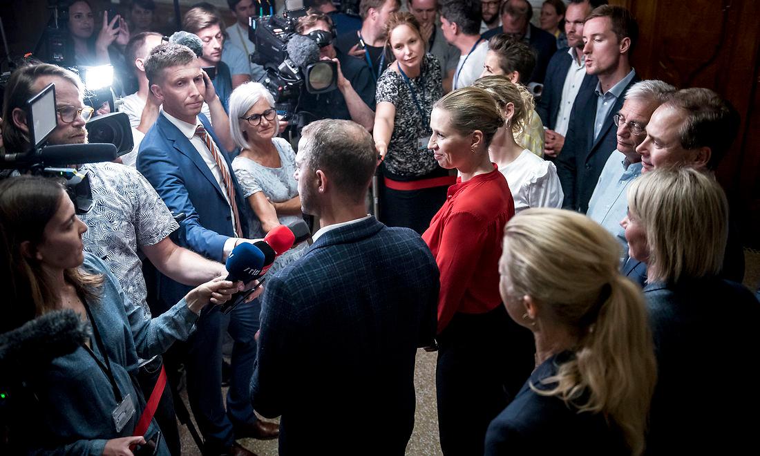 Mette Frederiksen (S), Pia Olsen Dyhr (SF), Pernille Skipper (EL) og Morten Østergaard (R) efter de afsluttede regeringsforhandlinger i Landstingssalen på Christiansborg, tirsdag 25. juni 2019.