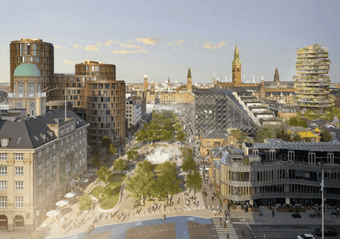 Visualisering af planen for grøn forvandling af området foran Tivoli og Axeltorv midt i København, som arkitektfirmaet Gehl forestiller sig det.

