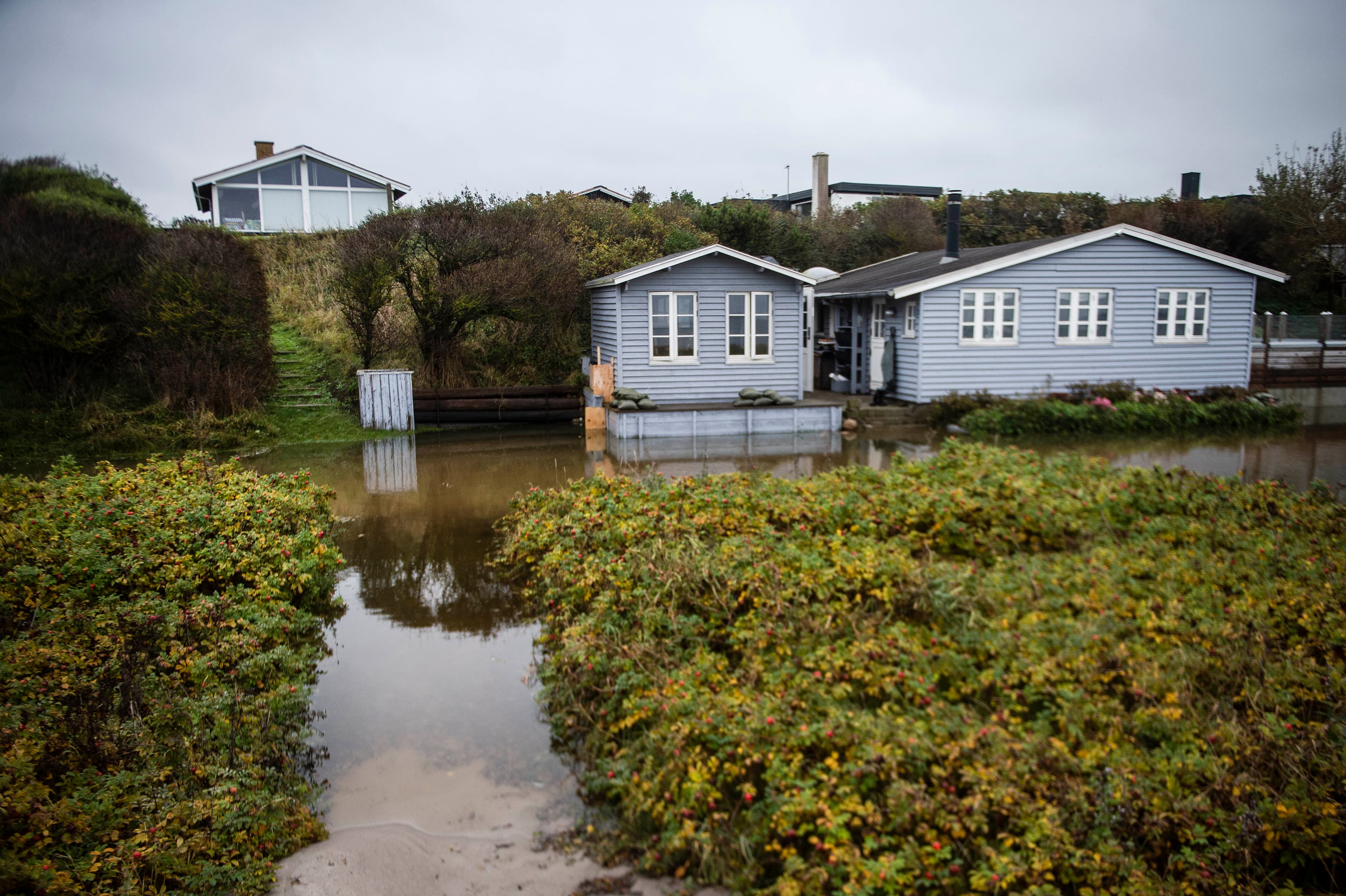 Oktoberstormen sidste år forårsagede voldsomme ødelæggelser ved blandt andet oversvømmelser - som her ved Sandager Næs på Fyn - men et klimasikringsudspil, som skal forebygge lignende scenarier, lader stadig vente på sig.