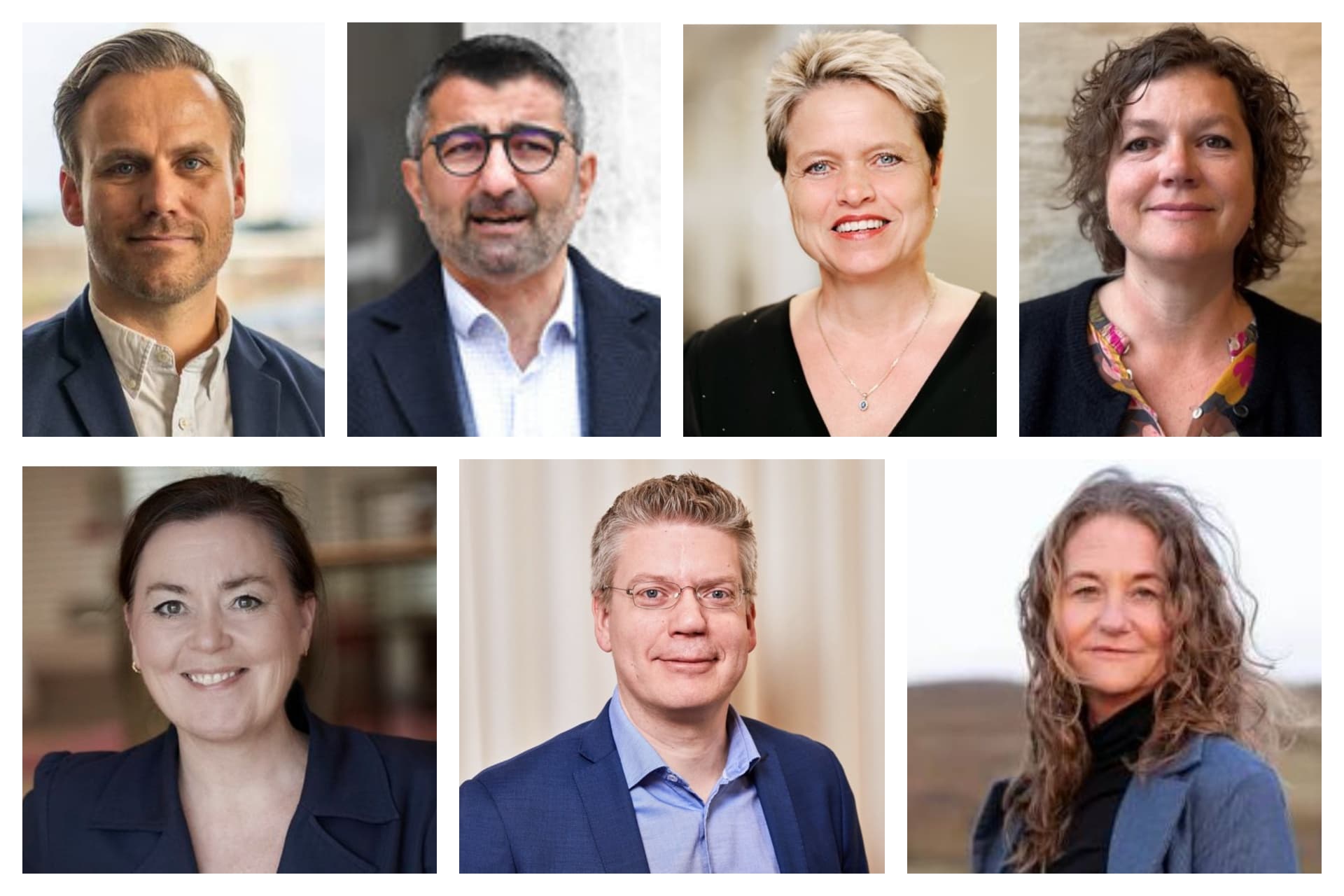 Øverst fra venstre: Marco Anders Damgaard, kommende borgmester i Herlev, Bünyamin Simsek, ekskluderet Venstre-medlem i Aarhus, Anette Fynbo Blem, udmeldt socialdemokrat og nyindmeldt lokalliste-byrådsmedlem i Solrød, Natascha Jensen, ny direktør for Børne- og Fællesskabsområdet i Ikast-Brande, Elisabeth Gadegaard Wolstrup, ny kommunaldirektør i Ballerup, Martin Magelund Rasmussen ny koncerndirektør i Region Sjælland og Majken Graver ny direktør hos Destination Vesterhavet.