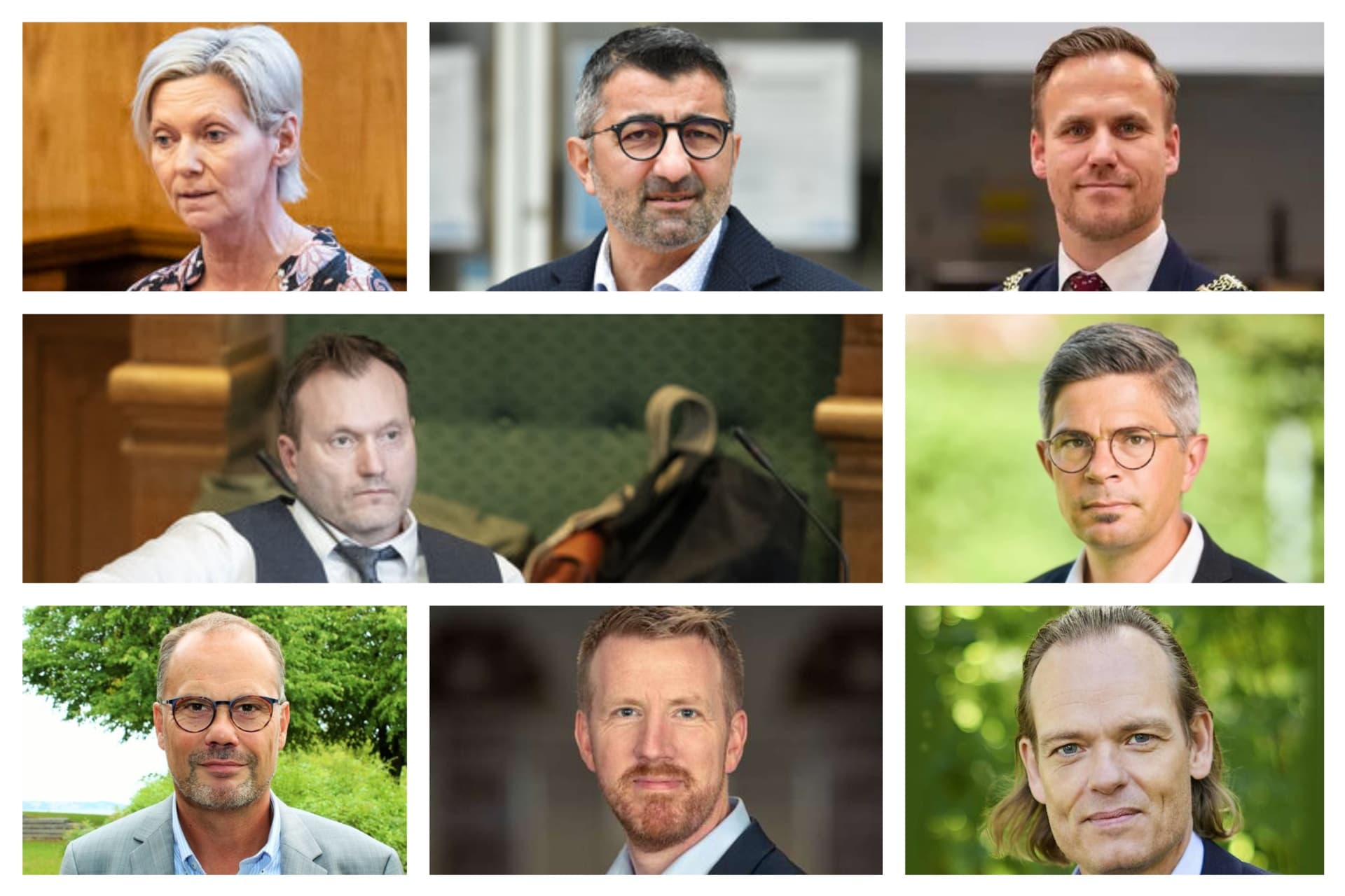 Øverst fra venstre: Charlotte Munch, afgående byrådsmedlem for DD i Hvidovre, Bünyamin Simsek, fra Venstre til Konservative i Aarhus Byråd, Marco Anders Damgaard (S), ny borgmester i Herlev,  Lars Boje Mathiesen, FV-opstillingsberettiget partileder for Borgernes Parti,  Tue von Påhlman, ny kommunaldirektør i Jammerbugt, Stig Isaksen, ny direktør for Teknik & Miljø i Viborg, Rasmus Vanggaard Knudsen, ny by- og kulturdirektør i Høje-Taastrup og Allan Ruders, ny direktør i Holbæk Kommune.