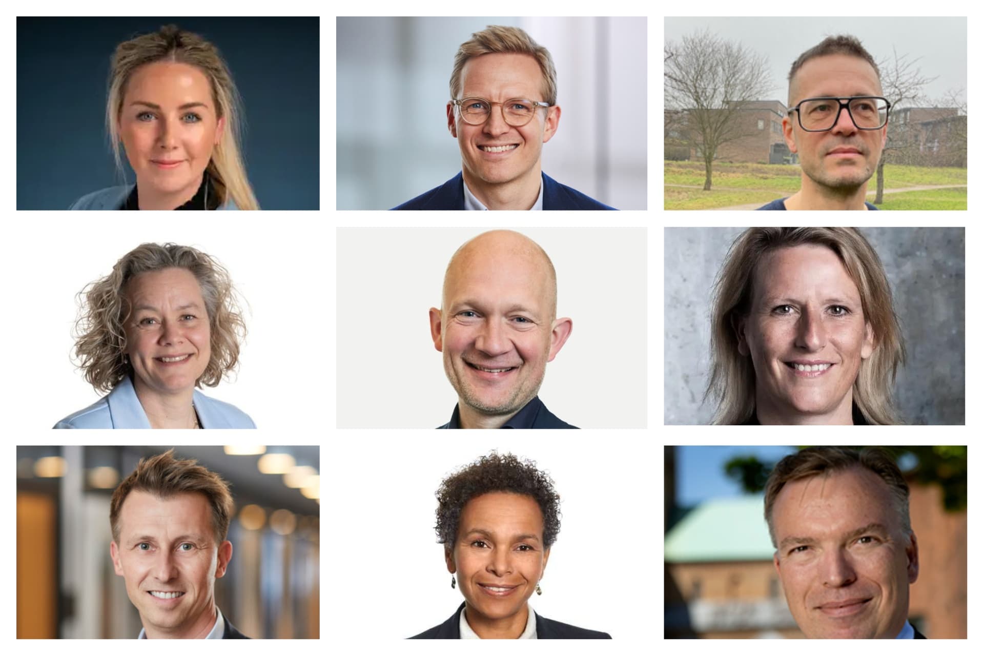 Øverst fra venstre: Mette Kjærulf, partihopper i Thisted, Jakob Lynge Lind, ny direktør for social, beskæftigelse og sundhed og ældre i Høje-Taastrup, Sami Stephan Boutaiba, ny direktør for Børn & Læring samt Sundhed & Omsorg i Stevns, Anne Christmann Ramsgaard, ny direktør for Sundheds-, Ældre- og Handicapforvaltningen i Hjørring, Kristian Nabe-Nielsen , ny direktør på teknik- og miljøområdet i Køge, Randi Sveistrup, ny direktør for social, sundhed og kultur i Thisted, Søren Aalund, ny direktør i Social, Sundhed og Beskæftigelse i Herning, Anya Krogh Manghezi, ny børn- og ungedirektør i Høje-Taastrup, Kasper Sonne, ny kommunaldirektør i Ringsted.